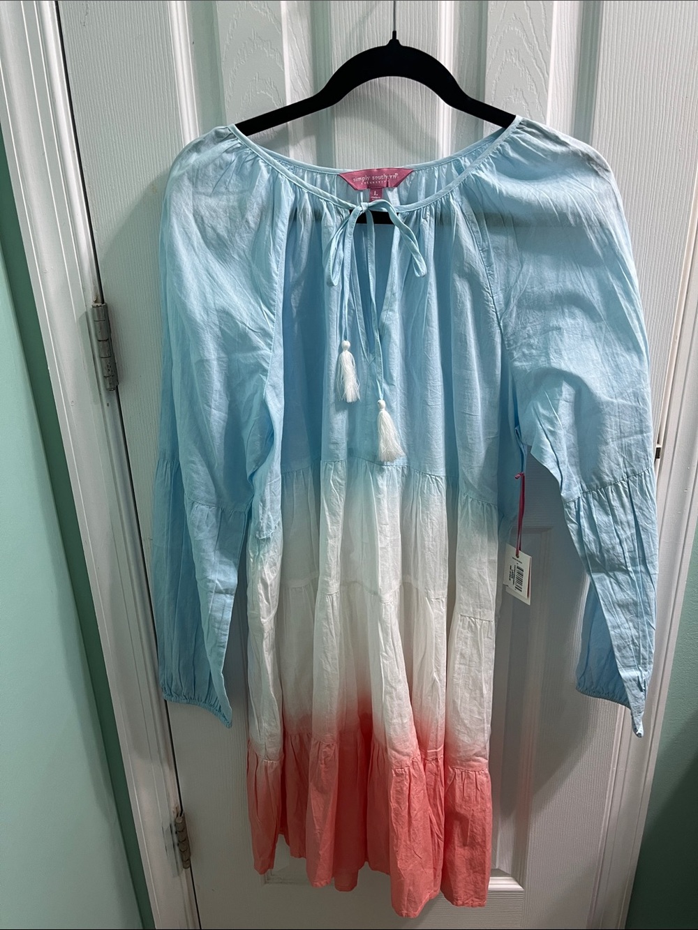 Simply Southern Light Blue White Coral Ombre Long Sleeve Dress